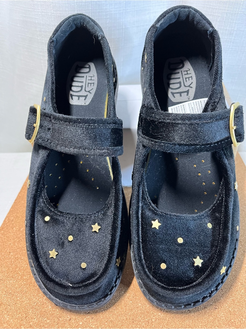HEYDUDE Wendy Jane Studded Black Velvet Mary Jane with Gold Stars W7
